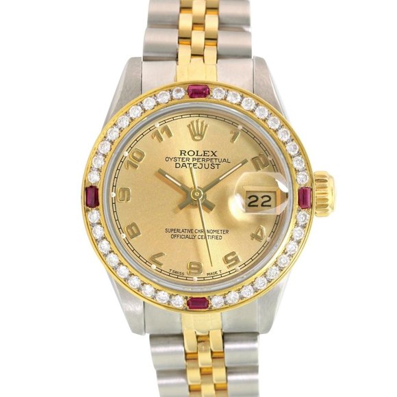 ROLEX DATEJUST CHAMPAGNE ARABIC DIAL DIAMOND-RUBY JUBILEE TWO-TONE WATCH 69173 - Picture 1 of 8